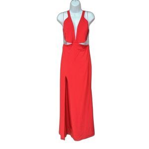 Michelle Mason Maxi Dress Women 10 Gown Halter Top Hook Slit Red V Neck Zip